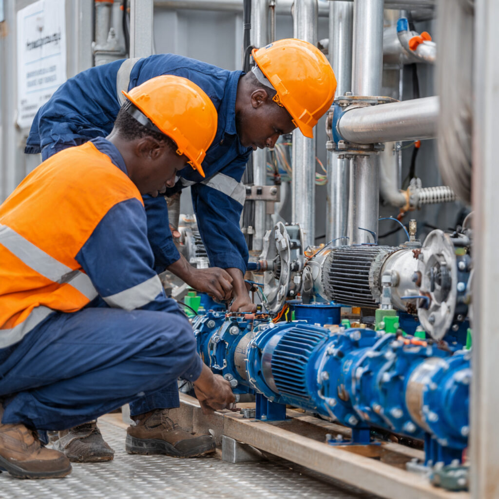 engineers installing an industrial pump system ment